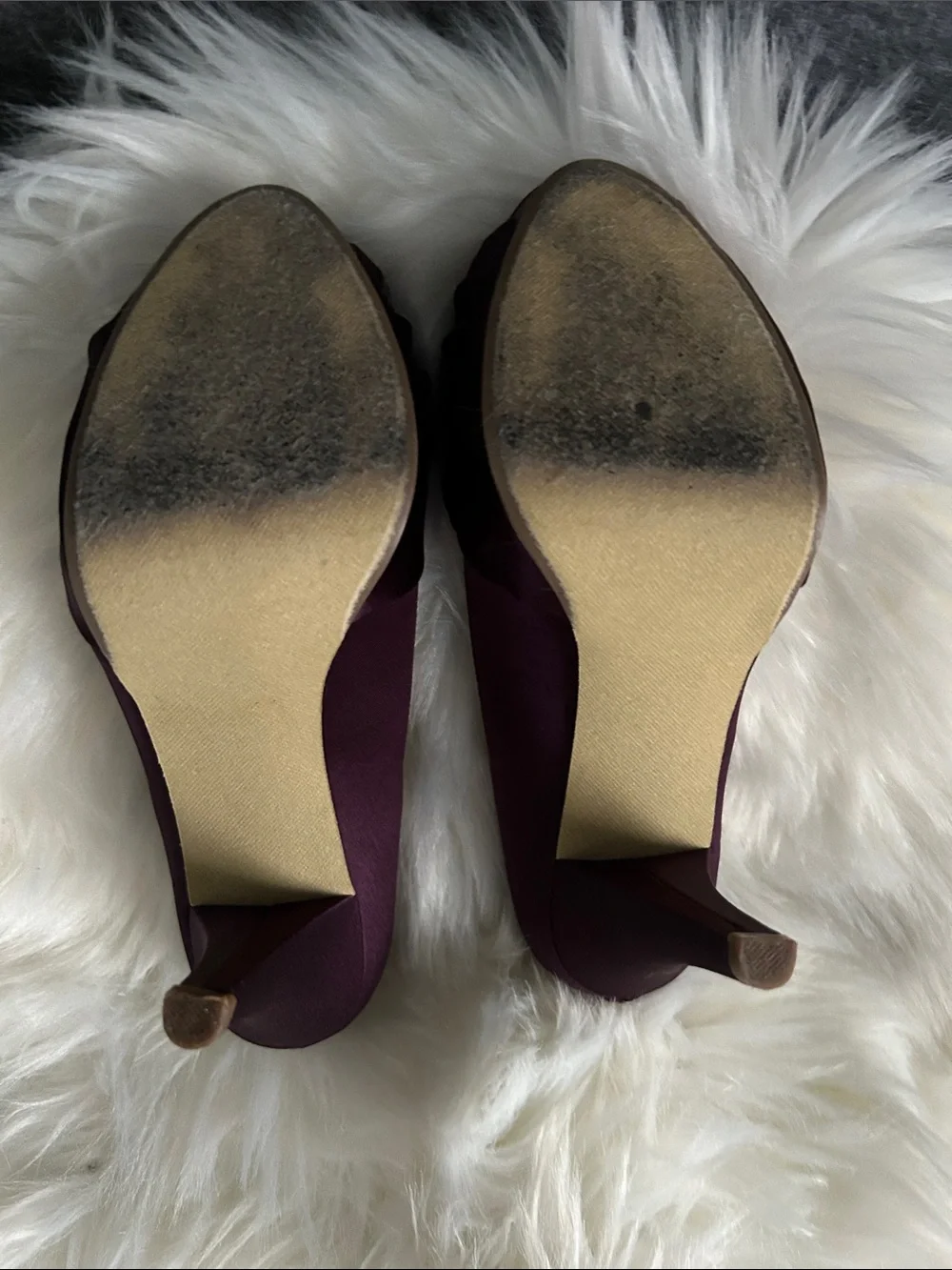 Michaelangelo Plum Satin Peep-Toe Heels with Crystal Bow